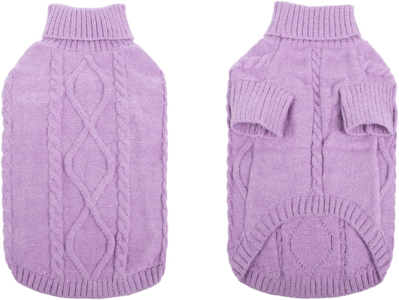 Queenmore Small Dog Pullover Sweater, Cold Weather Cable Knitwear, Classic Turtleneck Thick Warm Clothes for Chihuahua, Bulldog, Dachshund, Pug (Lilac, Large)
