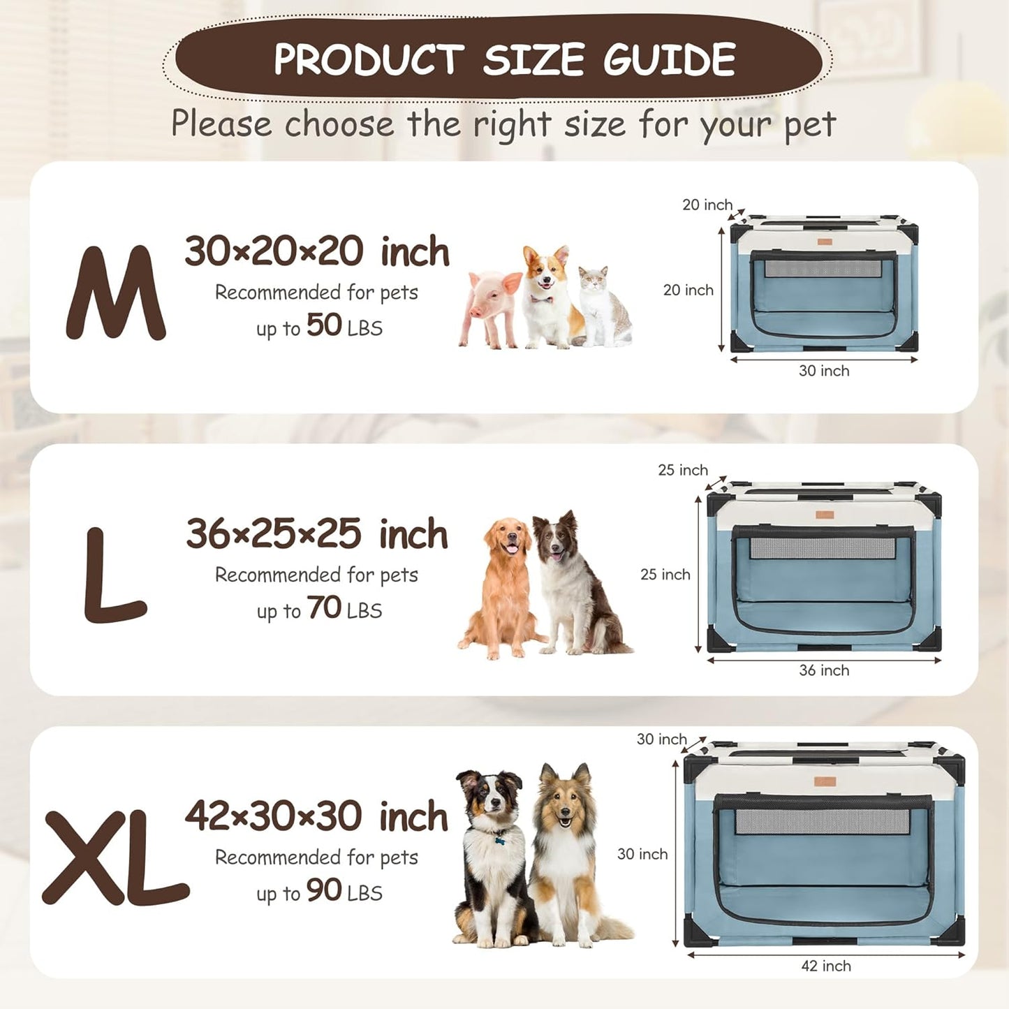 Dog Crate - Soft Pet Kennel for Dogs/Cats, 3-Door Breathable Travel Cage with Mesh Window, Portable Dog Kennel for Indoor & Outdoor, Blue-L