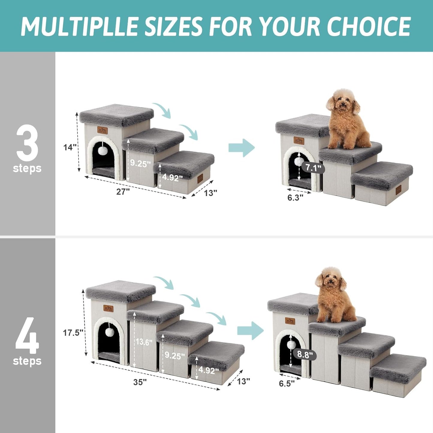 Dog Stairs for Small Dogs with Storage and Condo, 14" H Foldable Pet Stairs for Small Medium or Puppy Dogs and Older Cats, Dog Steps for Bed or Couch, 13x27x14 inch, 3 Tiers, Grey