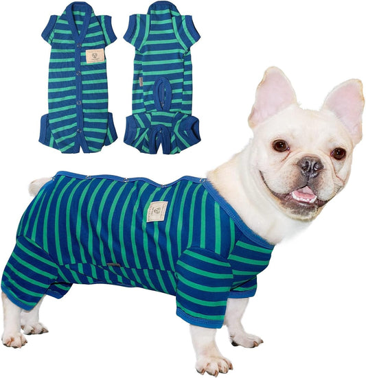 TONY HOBY Dog Pajamas for Female/Male, Dog Jumpsuit with Stripes for Small Medium Dogs, Soft and Comfortable 4 Legged Pajamas Dogs Clothes (Blue&Green, Boy, S)