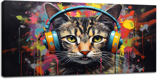 Large Banksy Cat Wall Art Colorful Graffiti Canvas Living Room Pictures Framed Prints Street Pop Modern Wall Decor Painting Artwork for Bedroom Dining Office Home 60"x30"