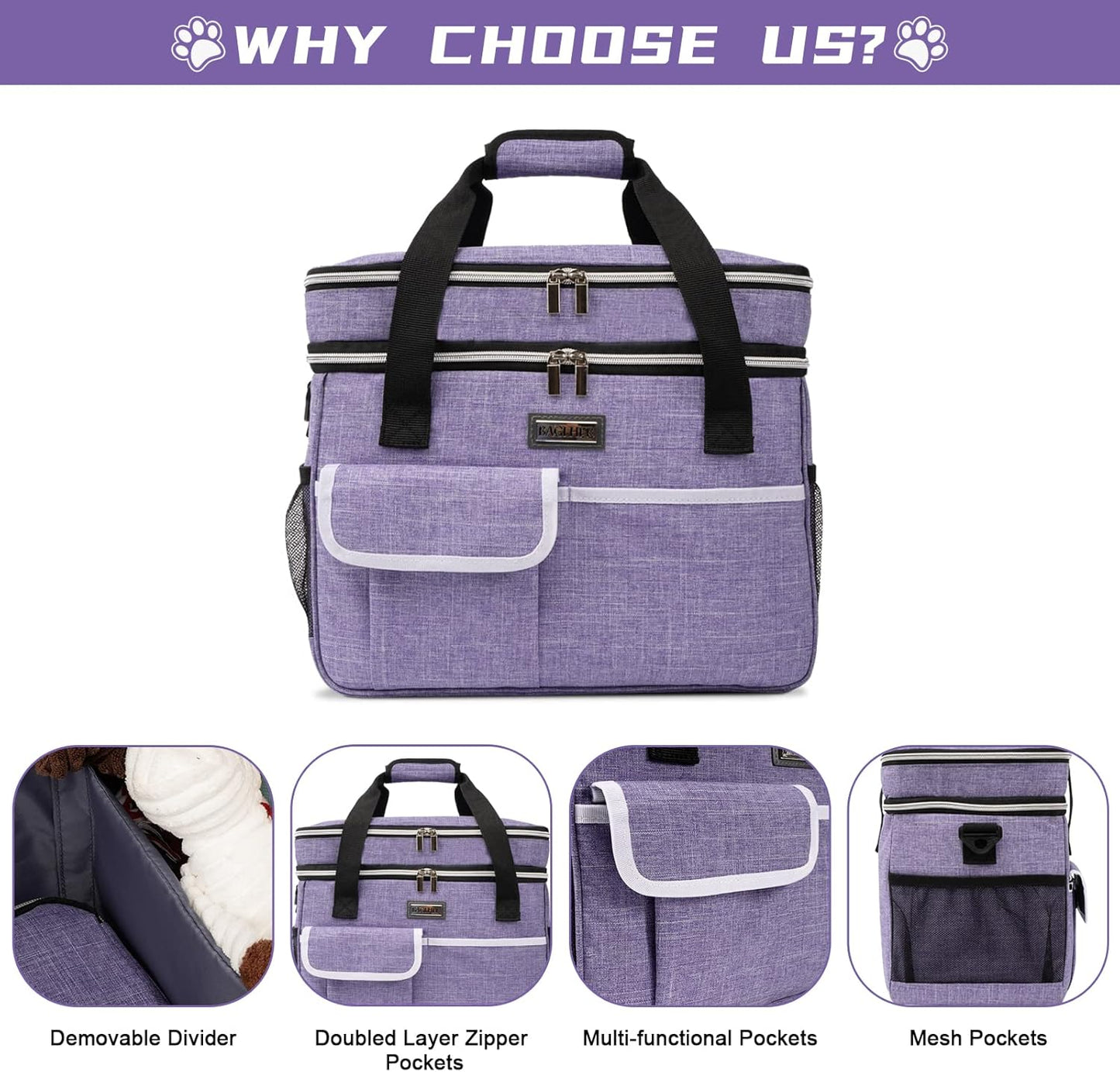 BAGLHER Dog Travel Bag for Supplies - Double-Layer Airline Approved Weekend Pet Travel Organizer Set for Dog and Cat Tote with 2 Pet Food Containers and 2 Collapsible Silicone Bowls Purple