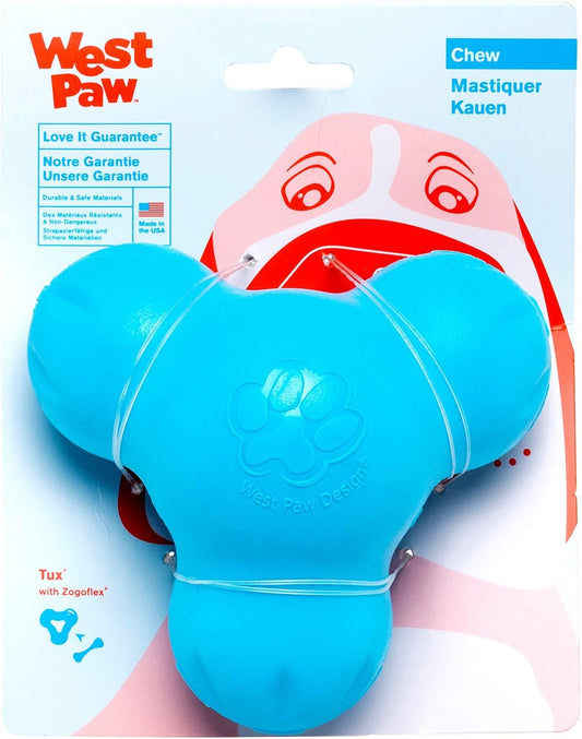 WEST PAW Zogoflex Tux Treat Dispensing Dog Chew Toy – Interactive Chewing Toy for Dogs – Dog Games for Aggressive Chewers, Fetch, Catch – Holds Kibble, Treats, Small 4", Aqua Blue
