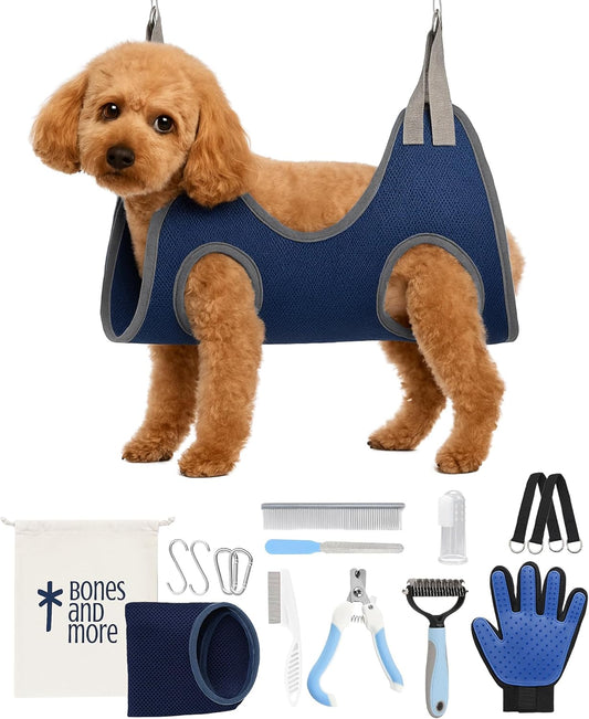 Grooming Hammock Kit for Dogs & Cats, Includes Hammock Harness, Nail Clippers, Nail File, Grooming Glove, Dematting Comb, S-Hooks, Carabiners & Storage Bag for Easy Home Grooming small (75×49) cm
