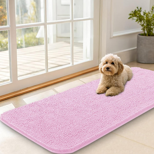 OLANLY Dog Door Mat for Muddy Paws 47x20, Absorbs Moisture and Dirt, Absorbent Non-Slip Washable Doormat, Quick Dry Chenille Mud Mat for Dogs, Entry Indoor Entryway Carpet for Inside Floor, Pink