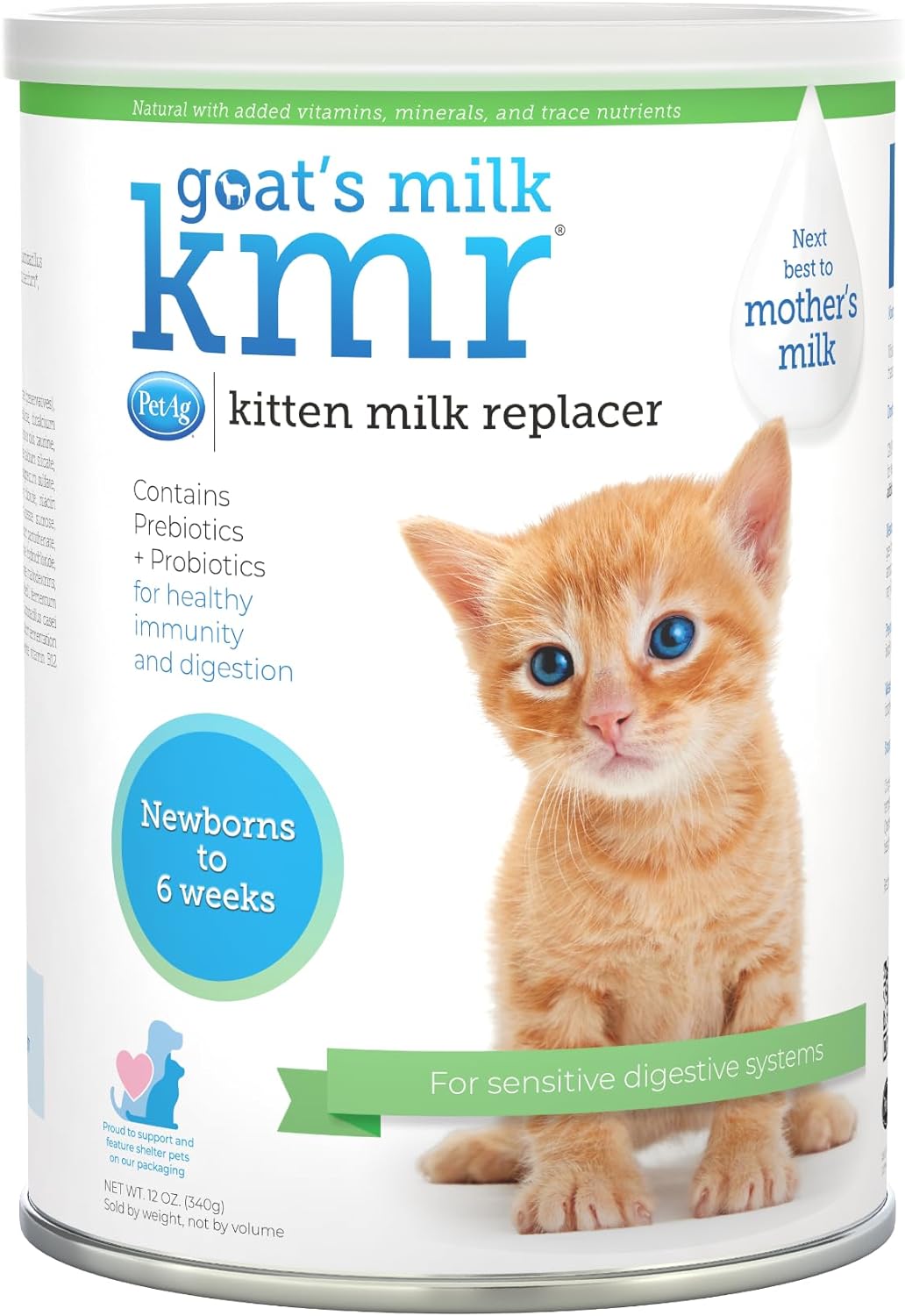 PetAg Goat’s Milk KMR Kitten Milk Replacer Powder - 12 oz - Powdered Kitten Formula with Prebiotics, Probiotics & Vitamins for Kittens Newborn to Six Weeks Old - Easy to Digest