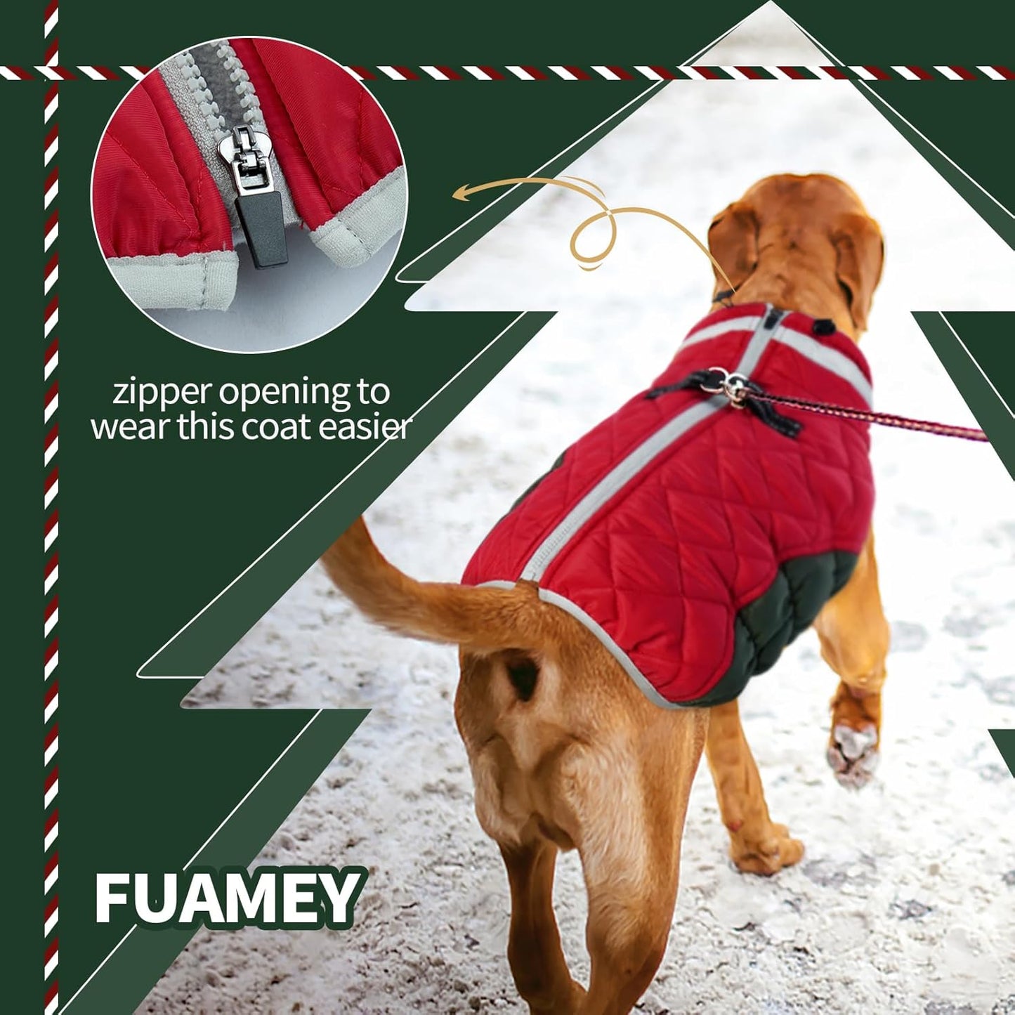 FUAMEY Dog Coat for Large Dogs,Waterproof Dog Winter Jacket with Harness Built in Puppy Cold Weather Coats Reflective Pet Vest with Zipper Warm Fleece Dogs Snowsuit Windproof Christmas L
