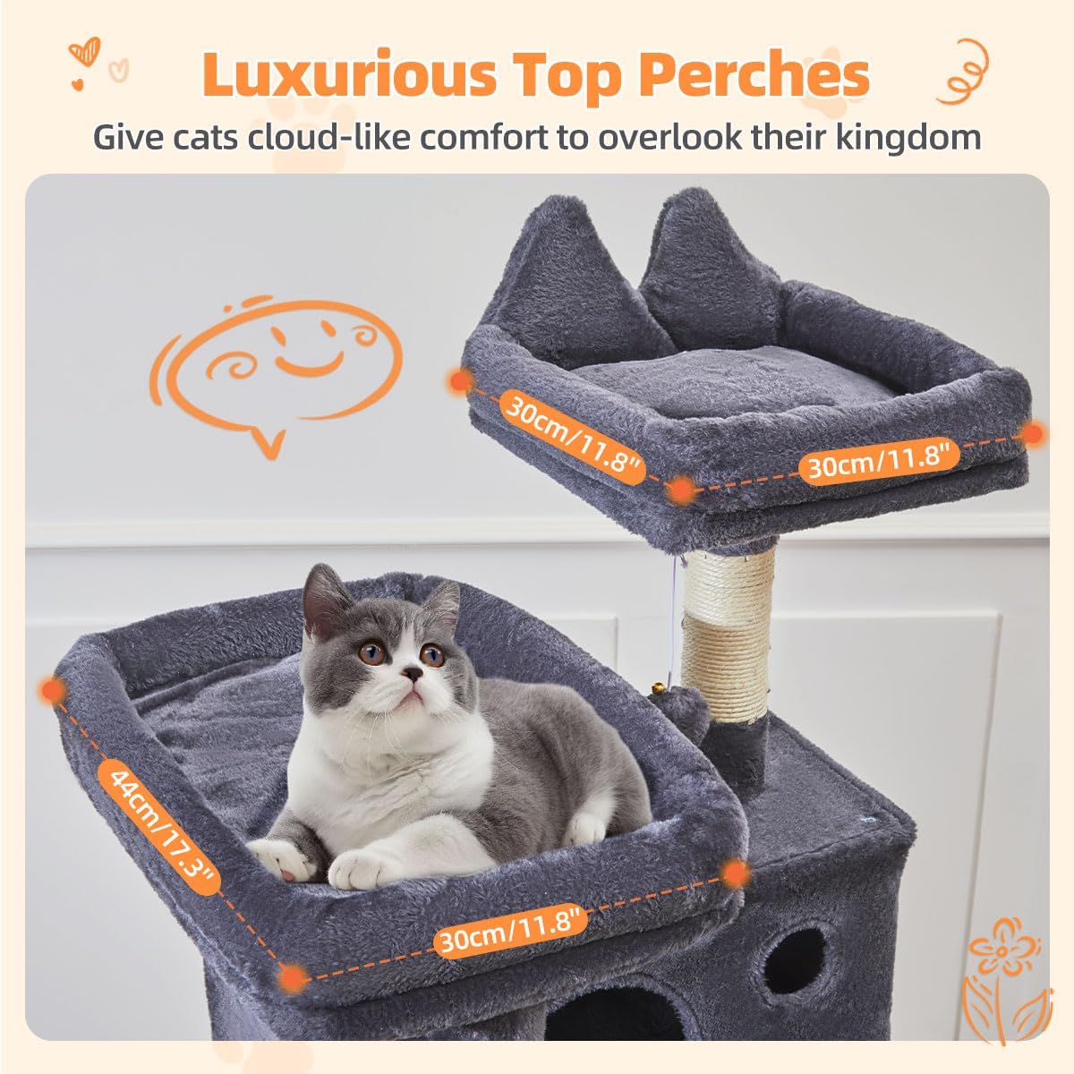 Taoqimiao Cat Tree 71-Inch, Cat Tower for Indoor Cats Large Adult, Multi-Level Large Cat Condo, 8 Sisal Scratching Posts, Metal Frame Cozy Hammock, Scratch Board, 2 Top Perches, Smoky Gray MS026LG