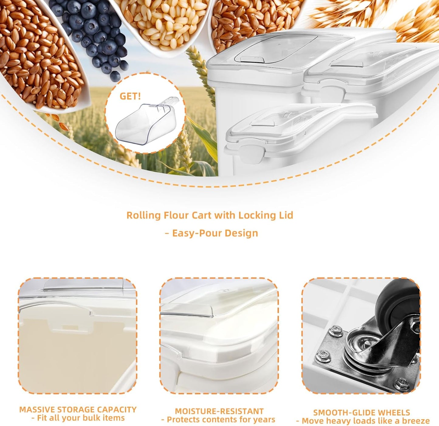 Ingredient Storage Bin,31 Gallon Dispenser Bin with Scoop for Dry Food, Sugar, Baking Supplies,Kitchen Rice Cereal Flour Bin,BPA Free,Pet Food Storage Container,Dog Cat Birds Food (31 Gallon)