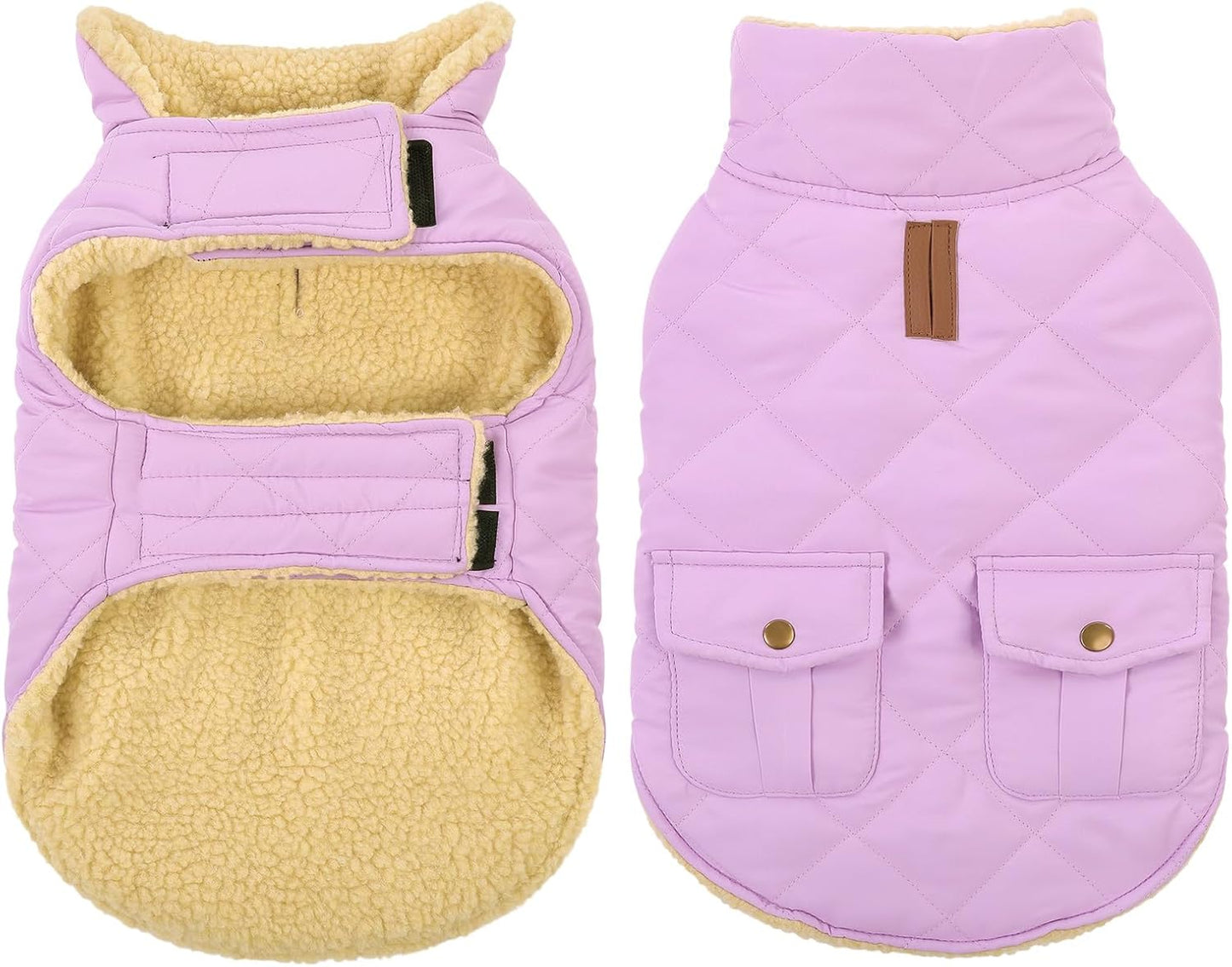 Queenmore Warm Dog Coat, Cold Weather Puffer Dog Coat Vest, Quilting Winter Pet Jacket Ultra Thick Plush Fleece Lining Pet Clothes for Dogs with Storage Pockets (Lilac, Small)