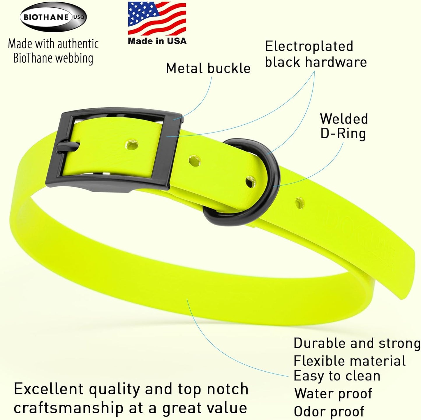 Dogline Biothane Waterproof Dog Collar Strong Coated Nylon Webbing with Black Hardware Odor- Proof for Easy Care Easy to Clean High Performance Fits Small Medium or Large Dogs, Safety Yellow