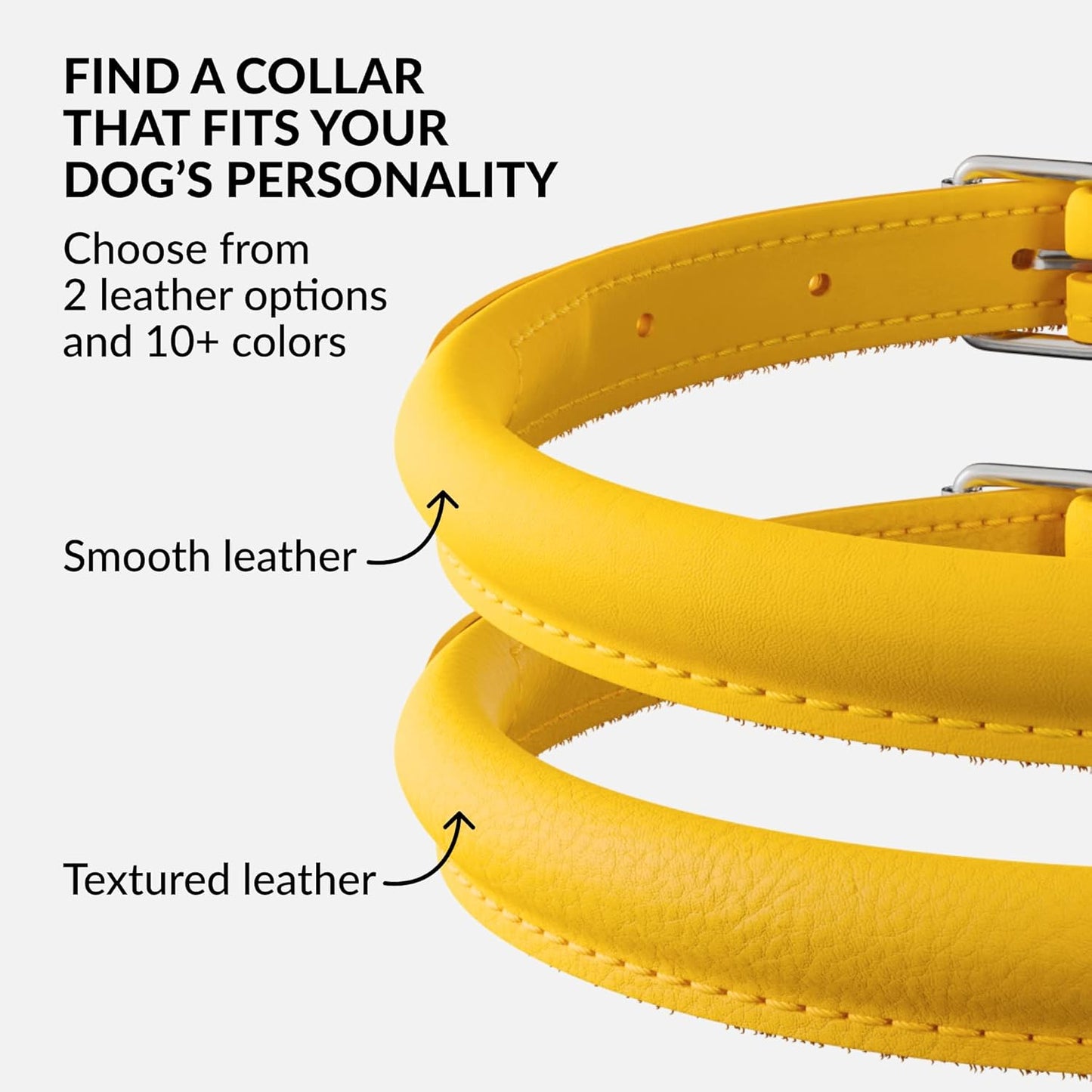 CollarDirect Rolled Leather Dog Collar, Soft Padded Round Puppy Collar, Handmade Genuine Leather Collar Dog Small Large Cat Collars 13 Colors (11-14 Inch, Yellow Smooth)