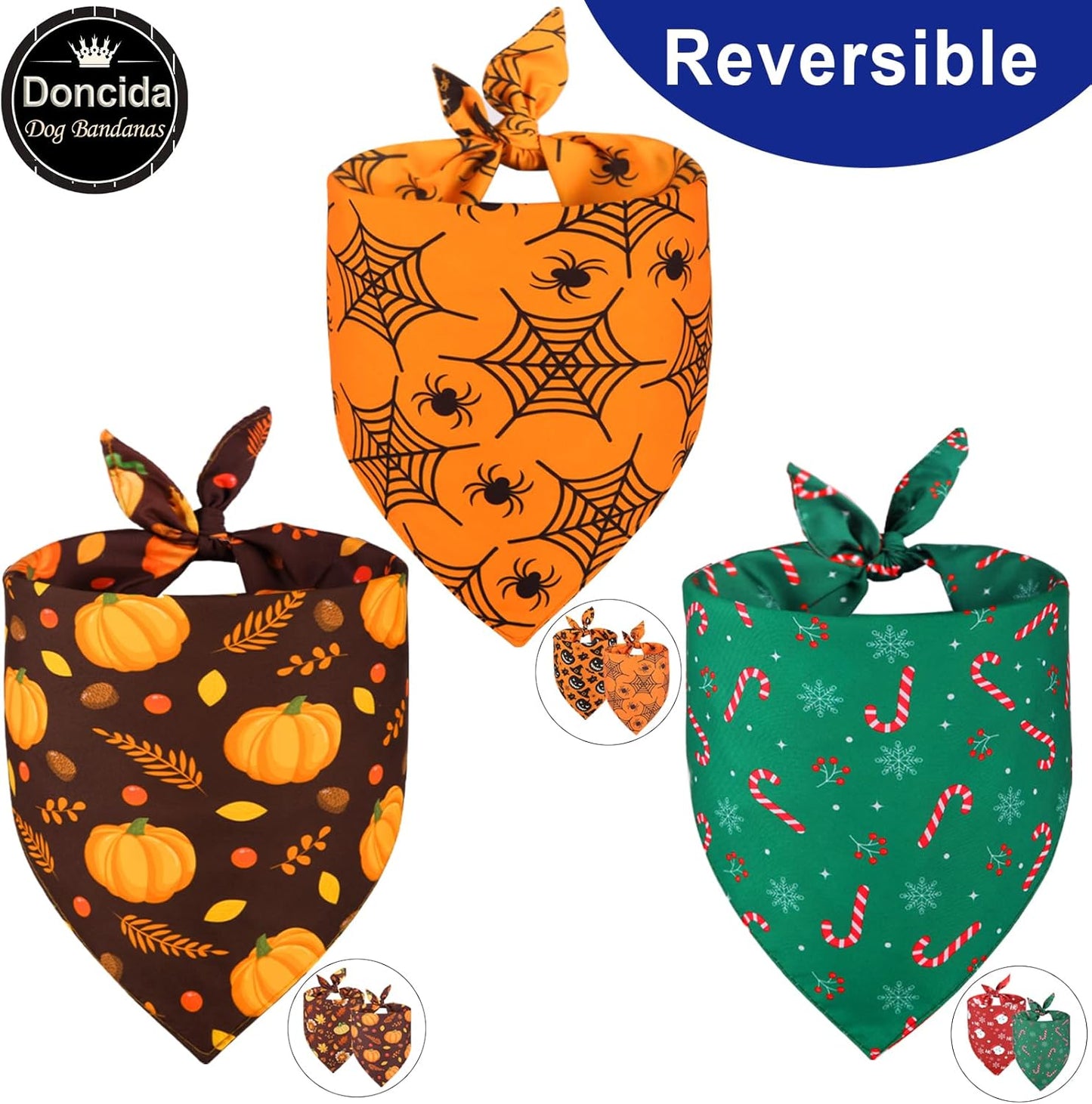 Doncida Halloween Dog Bandana and Thanksgiving Christmas Dog Bandanas 3 Pack, 6 Pattern Reversible Triangle Scarf for Medium and Large Dogs, Premium Durable Fabric Bibs for Pets (Large)