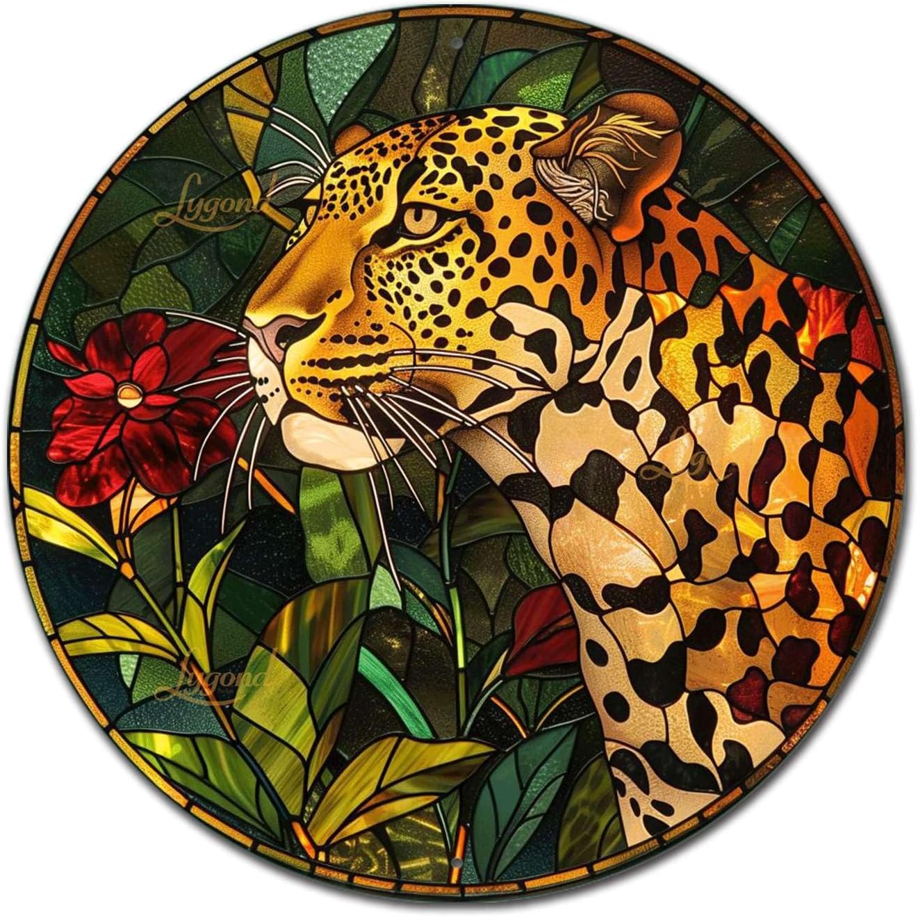Lygond Metal Sign Tin Sign Circular Stained Glass Leopard Minimalist Wall Art for Garden 12×12 Inches