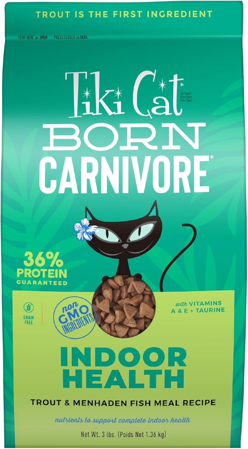 Tiki Cat Born Carnivore Indoor Health Dry Cat Food, Trout & Menhaden Fish Meal, 3 lbs. Bag