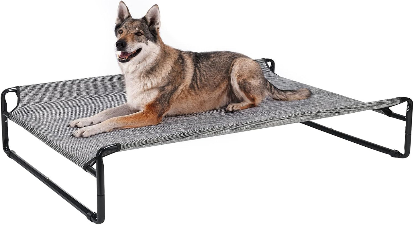 Veehoo Original Outdoor Elevated Dog Bed, Cooling Raised Dog Cot for Large Dogs, Portable Standing Pet Hammock Platform with Washable Breathable Mesh, No-Slip Feet, 47" x 32", Black Silver