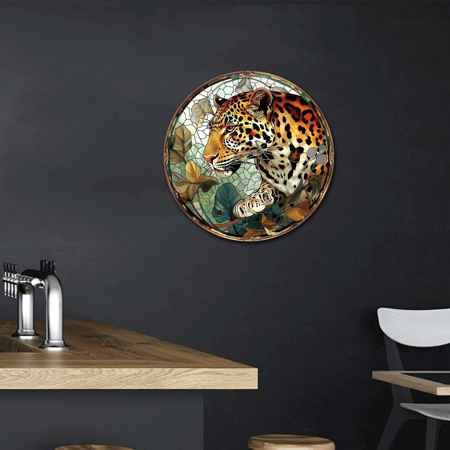 Lygond Metal Sign Tin Sign Circular Stained Glass Leopard Funny Sign for Restaurant 8×8 Inches