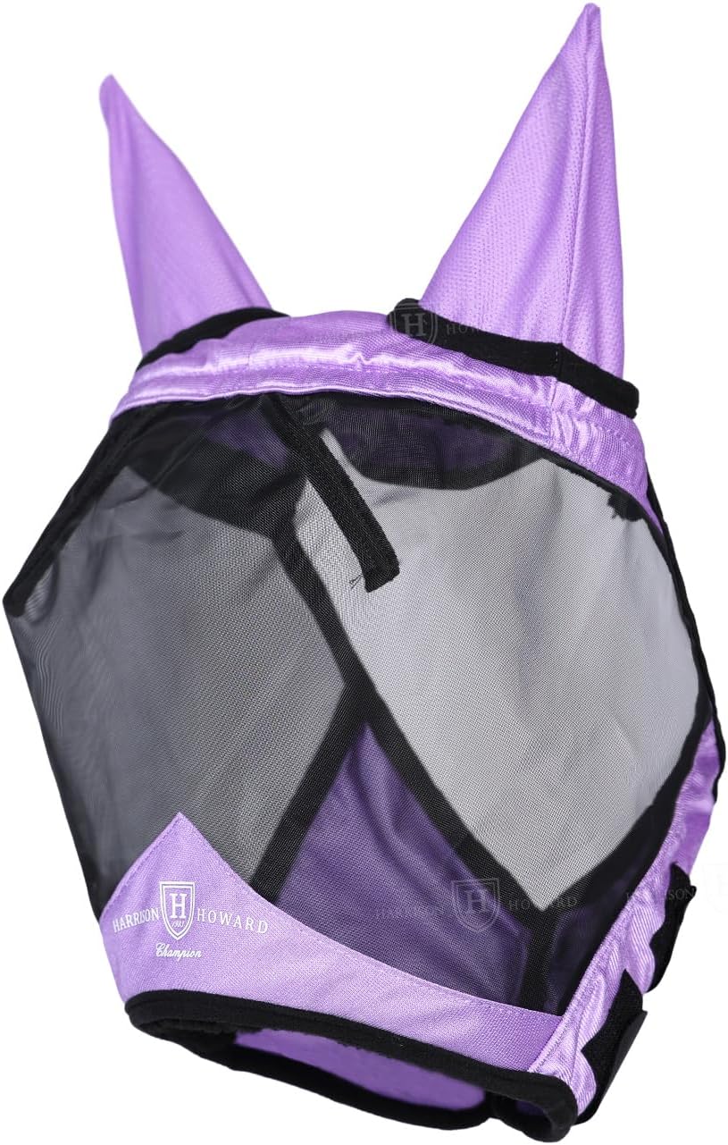 Harrison Howard Pro Luminous Horse Half Face Fly Mask Large Eye Space with Ears UV Protection for Horse Gentle Lavendar L