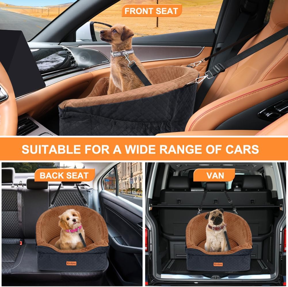 Vivifying Dog Car Seat for Small & Medium Dogs, Detachable & Washable Booster Seat for Pets Up to 30lbs, Travel Bed with Storage Pockets and Safety Belt – Brown&Black