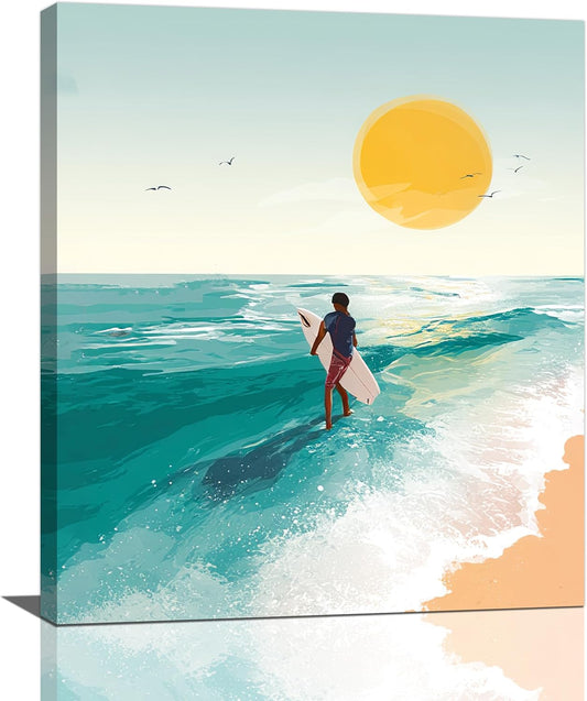 Beach Surfing Wall Art Ocean Coastal Wave Canvas Wall Decor Summer Nature Seascape Pictures Painting Print Framed Artwork Decorations for Bathroom Living Room Office Bedroom 24"x20"