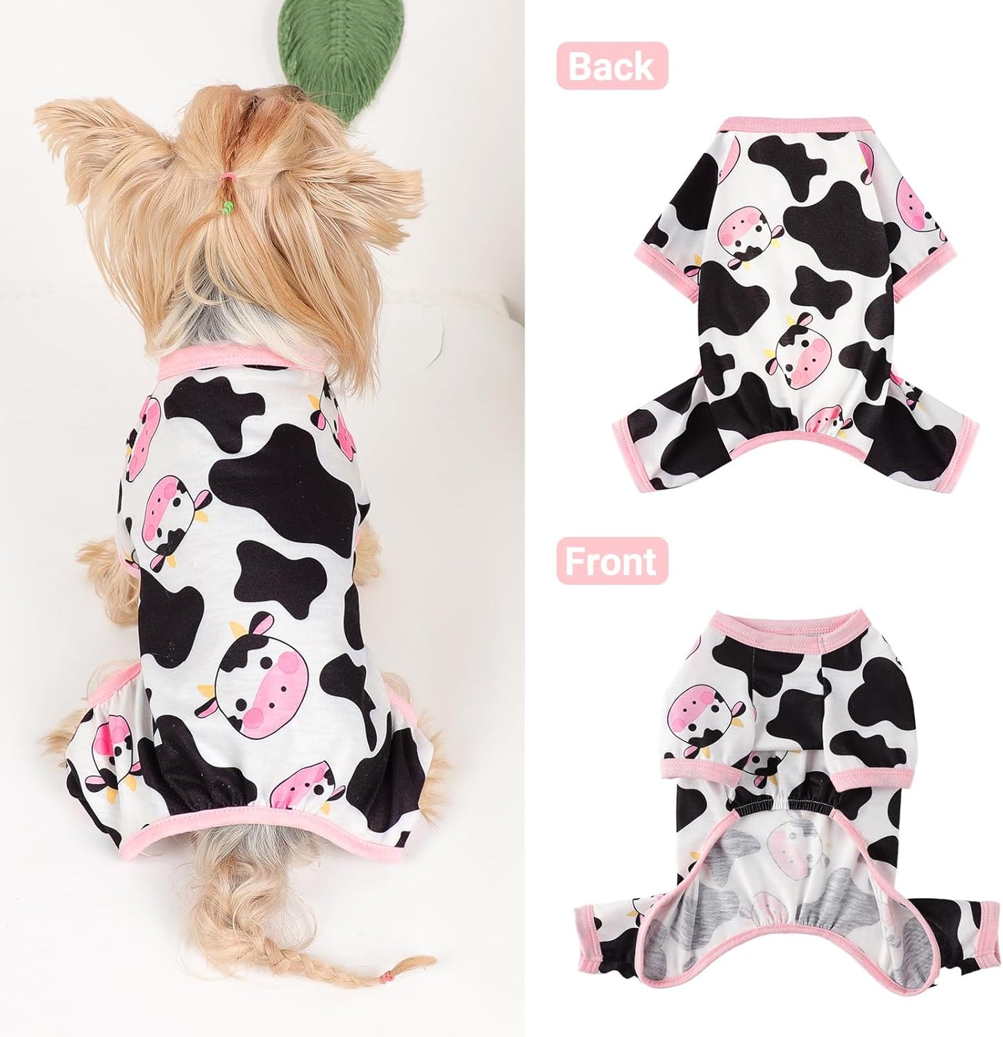 Dog Pajamas Small Sized Dogs Stretchable Summer Dog Clothes Pjs 4 Legs Girl Boy Cute Soft Puppy Outfits Doggie Cat Jammies Jumpsuit Sleeper for Pet, Pink Cow, XS