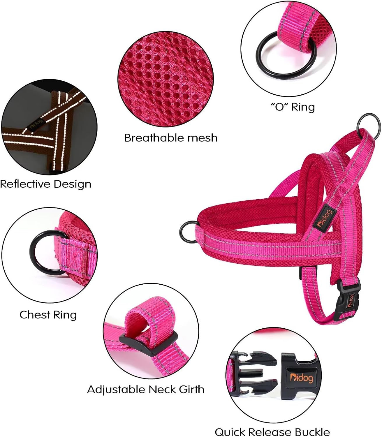 Didog No Pull Dog Harness with Soft Mesh Padded,Reflective & Quick Fit Light Weight Dog Strap Vest Harness,Easy for Walking Training (M:Chest 21-26", Mesh-Hot Pink)