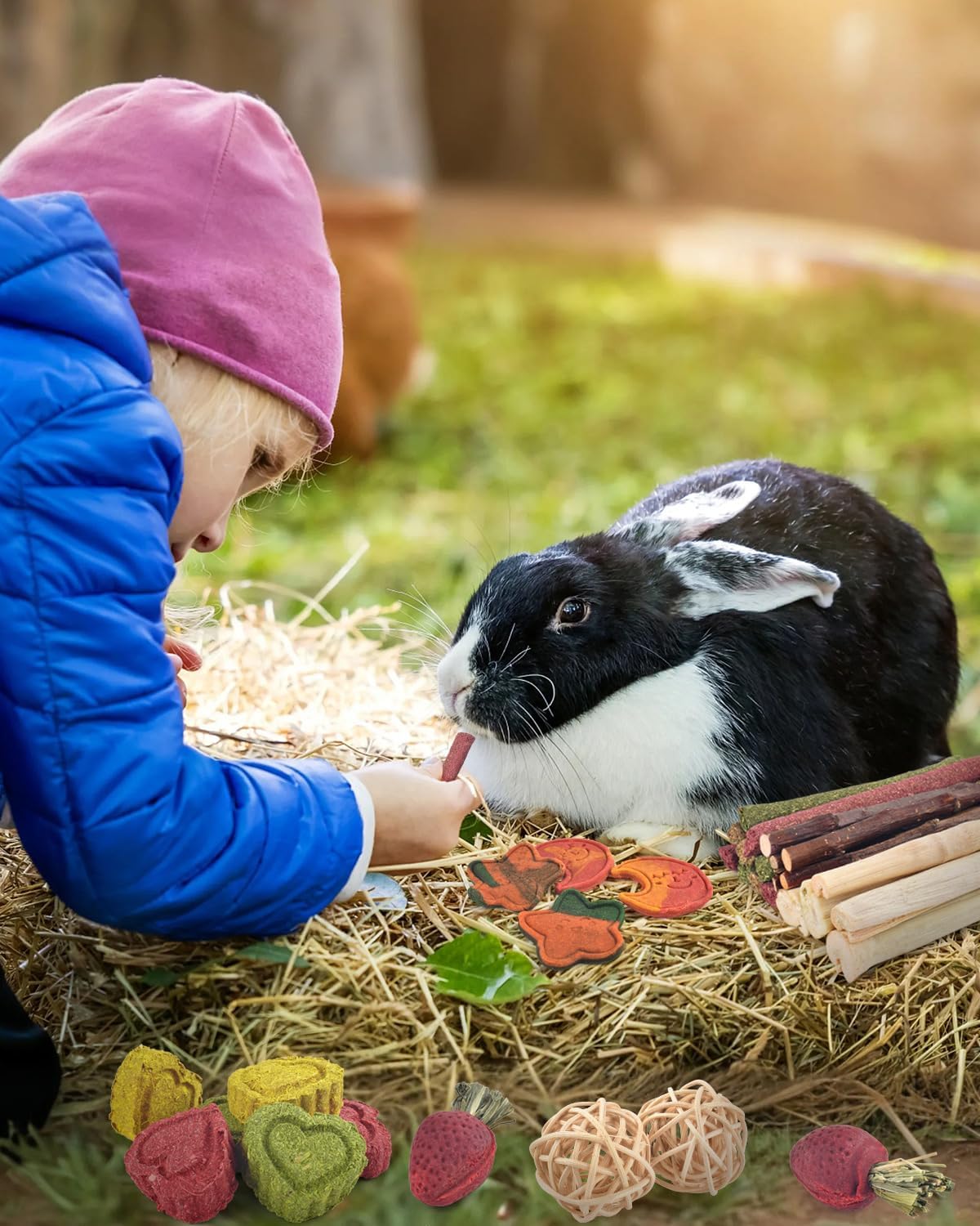 ERKOON 33PCS Bunny Chew Toys for Rabbits Teeth, Natural Rabbit Toys Apple Wood Sticks, Carrot, Timothy Grass Toys for Small Pets, Hamster, Chinchilla, Guinea Pig Dental Care and Treat Teething Toys