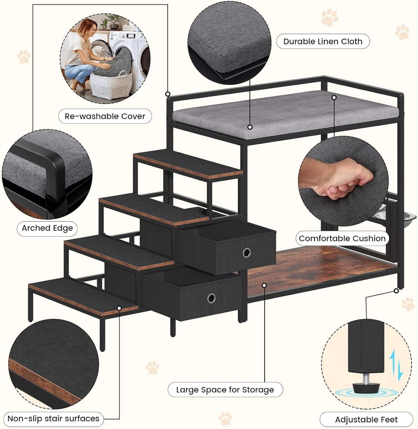 Dog Window Perch with 360° & Adjustable Raised Feeder, Pet Bunk Bed with Removable Stair and 2 Drawers, Elevated Platform Bed, Pet Elevated Seat with Cushion, Paw-Friendly Ladder