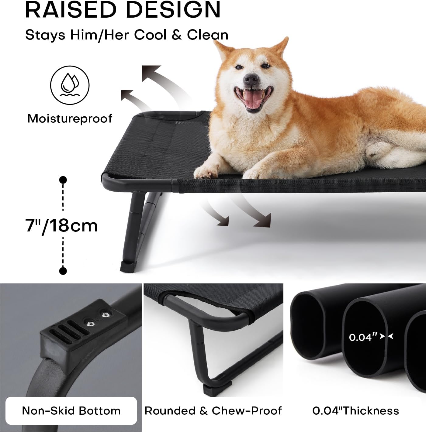 Made4Pets Elevated Cooling Dog Bed for Small Medium Dogs – Raised Pet Cot with Breathable Mesh, No-Slip Feet, Chew-Resistant Frame, Portable Indoor & Outdoor Dog Hammock Bed, 32"x25", Black
