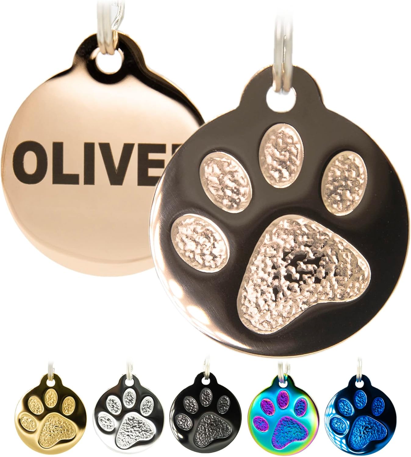 Engraved Pet Tag for Dogs and Cats - Personalized Front & Back up to 4 Lines of Text Custom Engraved ID, Round Paw Print Solid Plating Stainless Steel Rose Gold Regular