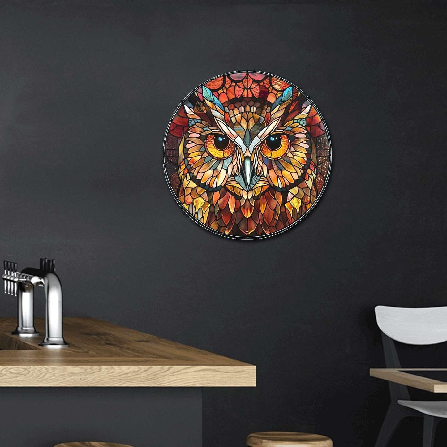 Lygond Metal Sign Tin Sign Circular Stained Glass Owl Metal Garden Signs for Garden 12×12 Inches