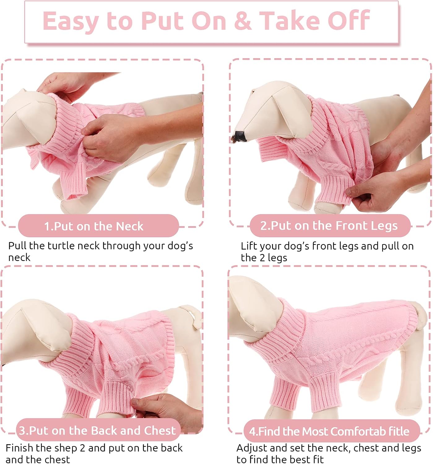 Queenmore Small Dog Pullover Sweater, Cold Weather Cable Knitwear, Classic Turtleneck Thick Warm Clothes for Chihuahua, Bulldog, Dachshund, Pug, Yorkie (Pink, Medium)