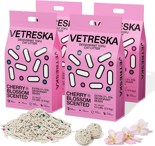 VETRESKA Cherry Blossom Tofu Cat Litter,Natural Pretty Kitty Litter Strong Clumping Flushable Cat Litter Pellets Ultra Absorbent,Dust-Free,Low Tracking,Deodorant Tofu Litter Compostable(5.5lb×4bags)