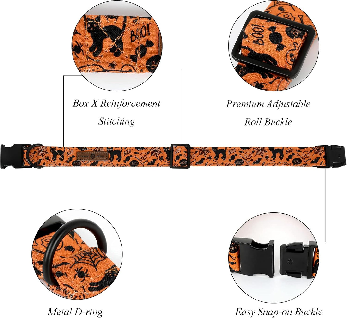 Lionet Paws Halloween Dog Collar with Bowtie - Cute Cotton Adjustable Fall Bowtie Dog Collar with Metal Buckle for Small Medium Large Dog Girl Boy Gift, XS, Neck 8-12in