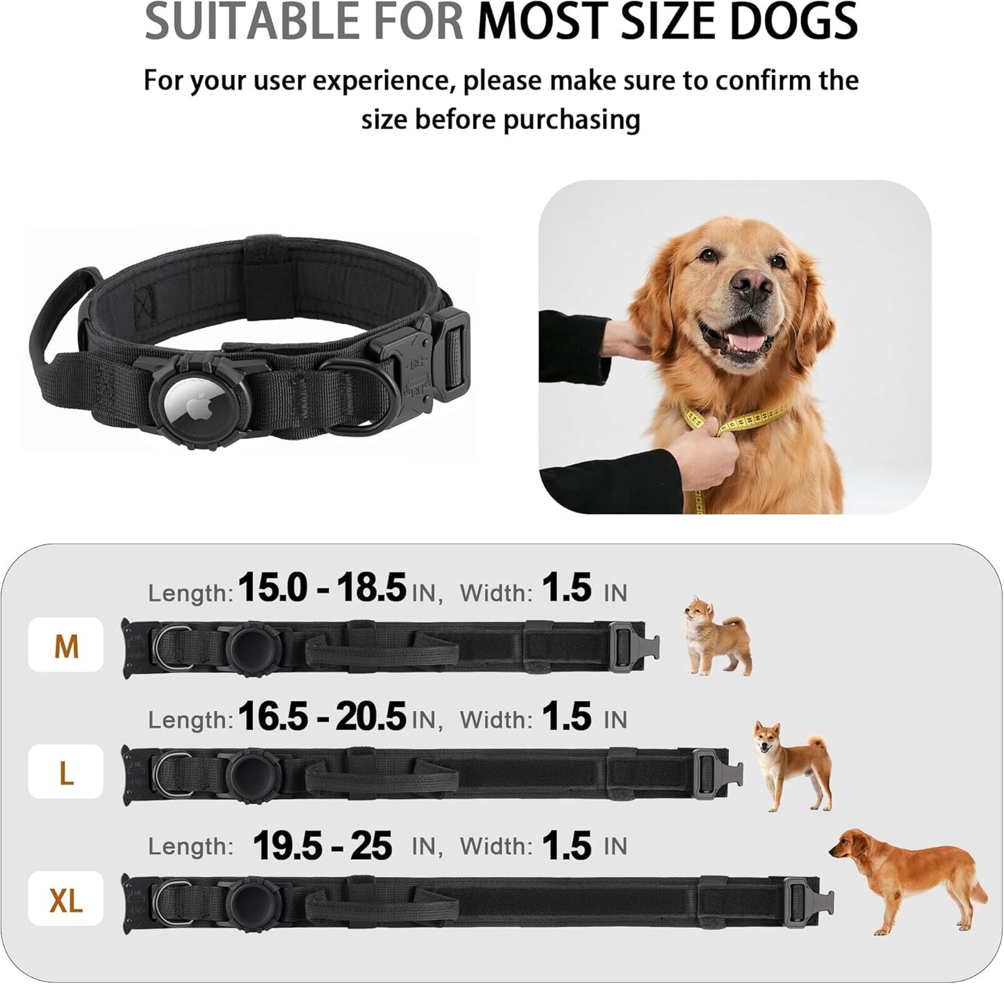 Tactical AirTag Dog Collar - Heavy Duty, Adjustable GPS Collar Compatible with Apple AirTag, with Holder & Control Handle for Medium/Large Dogs [ Black, XL ]