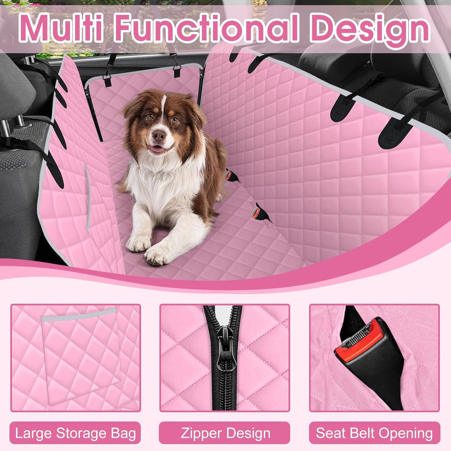 Waterproof Dog Car Seat Cover for Back Seat - Durable, Scratch Proof Pet Hammock with Nonslip Design & Storage Pockets, Fits Cars, SUVs, Trucks - L, Pink/Grey