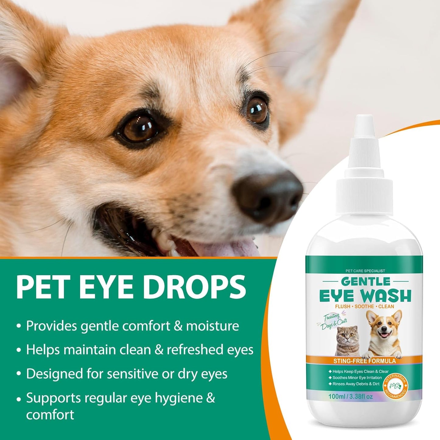 Pet Eye Drops for Dogs & Cats - Gentle Cat Eye Drops for Itchy, Watery Eyes - Safe Eye Wash Solution for Puppies & Kittens - 3.38 oz