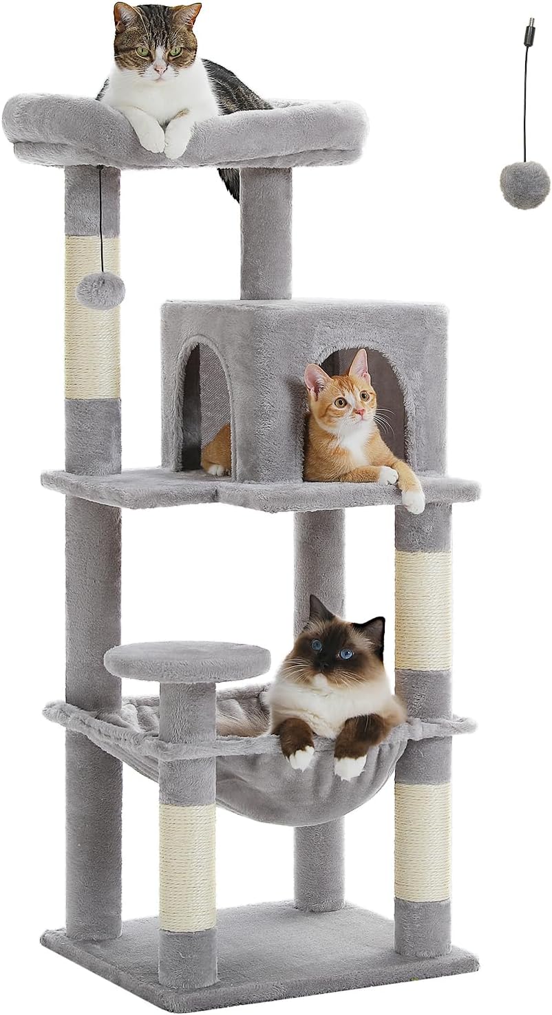 Cat Tree for Indoor Cats, 45.7" Multi-Level Cat Tower with Large Metal Frame Hammock, Cat Condo with 4 Scratching Posts and Top Perch for Small Medium Kitty, Grey