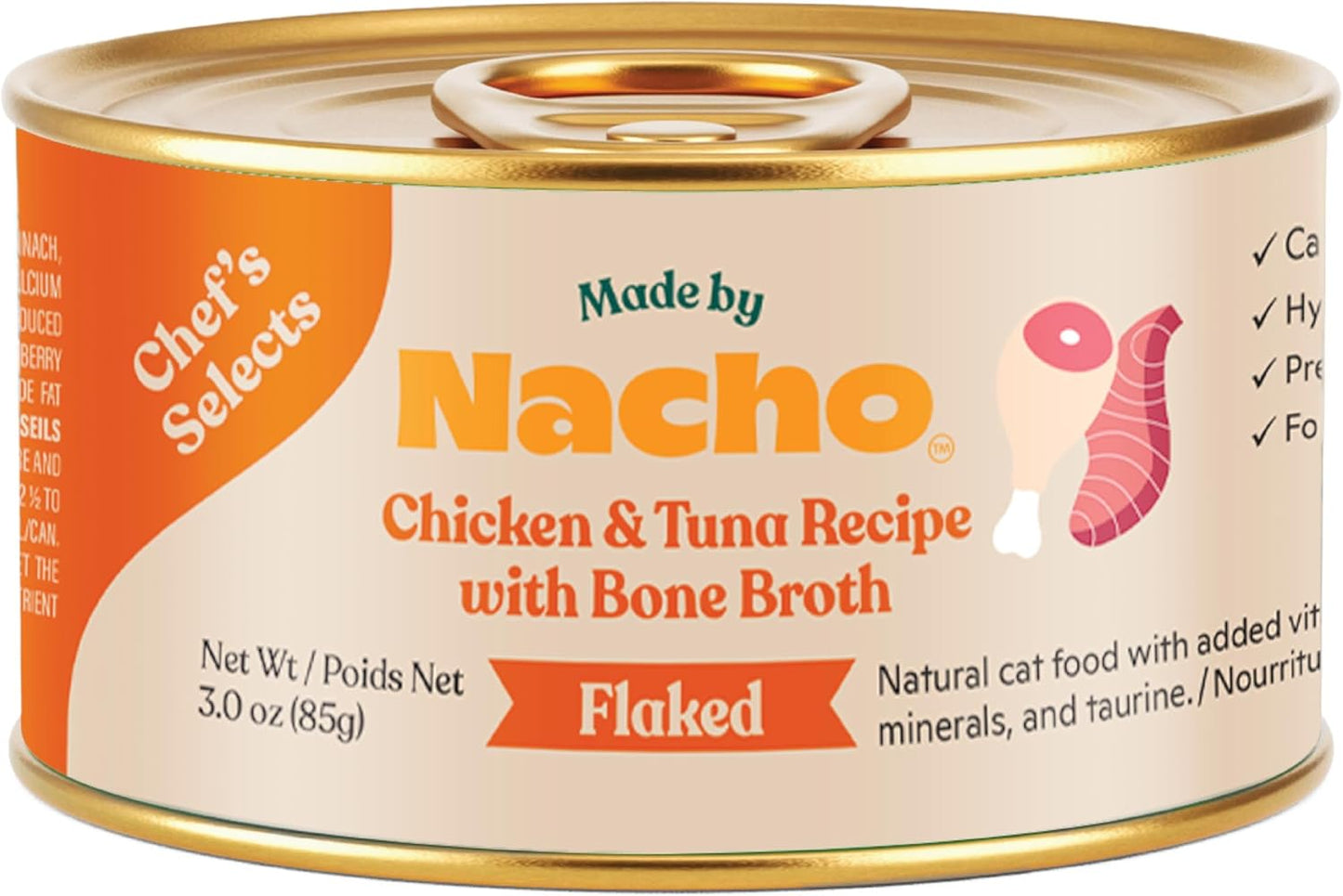 Made by Nacho Flaked Filets Recipe in Bone Broth, Grain-Free Chef's Selects Wet Food for Cats Balanced Diet in Naturally Hydrating Pumpkin-Infused Broth (3.0 oz (Pack of 12), Chicken & Tuna)
