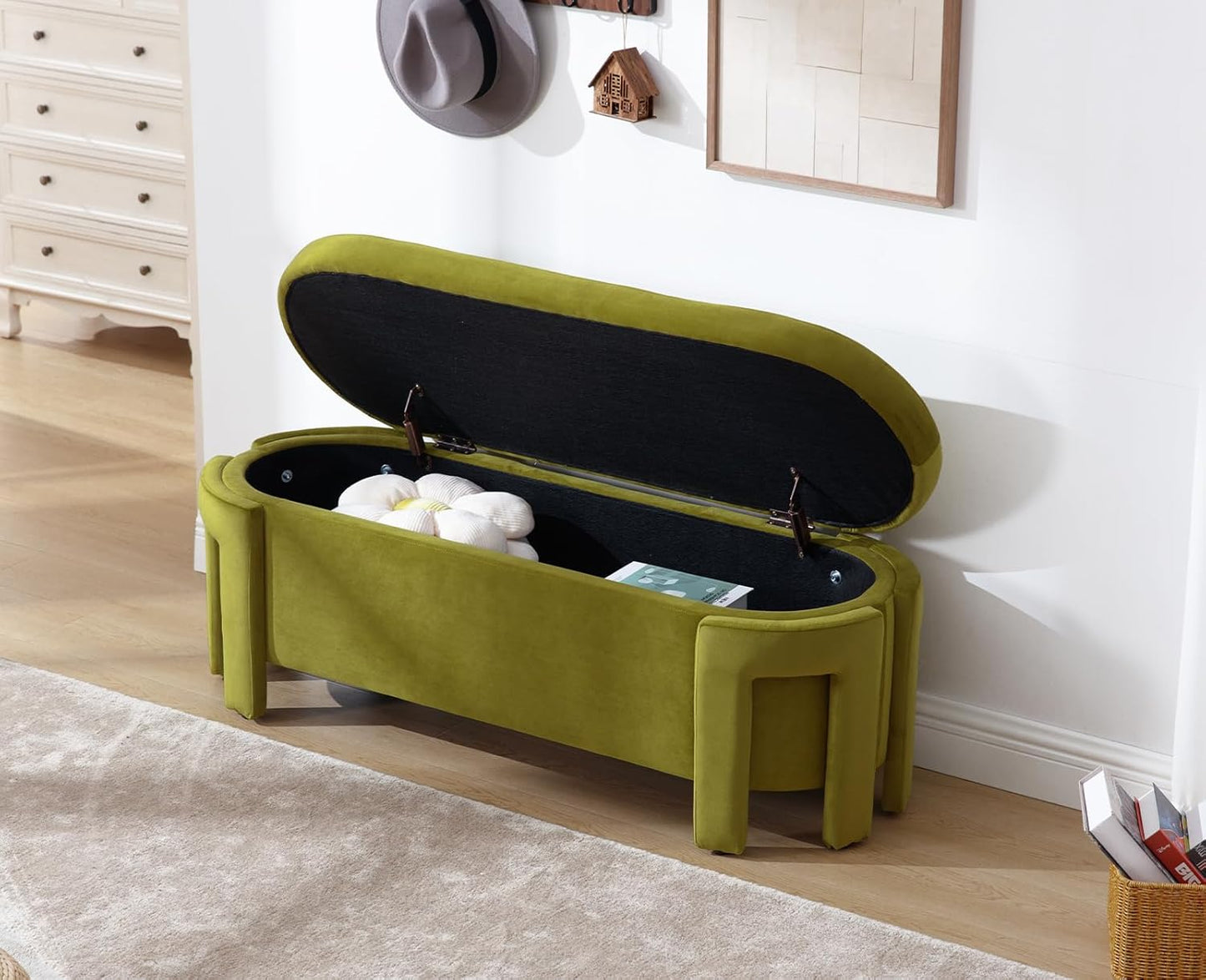 Kmax 50" Storage Ottoman Bench Modern Velvet Entryway Bench Comfy Upholstered End of Bed Bench for Hallway Entrance Bedroom Corner, Olive Green