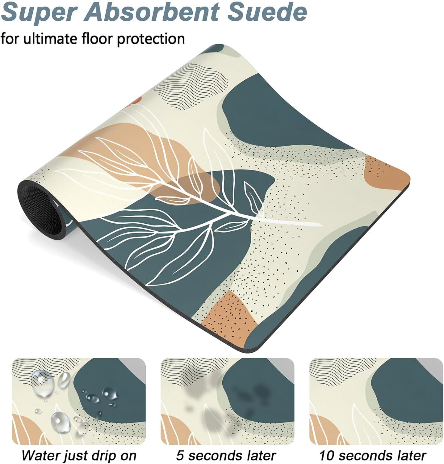 Rnivvi Dog Food Mat, 12" x 19" Boho Absorbent Dog Cat Bowl Mat for Food and Water, Cute Anti-Slip Rubber Pet Feeding Rug Protect Floors, Puppy Placemat for Feeding & Watering Supplies, Abstract Leaves