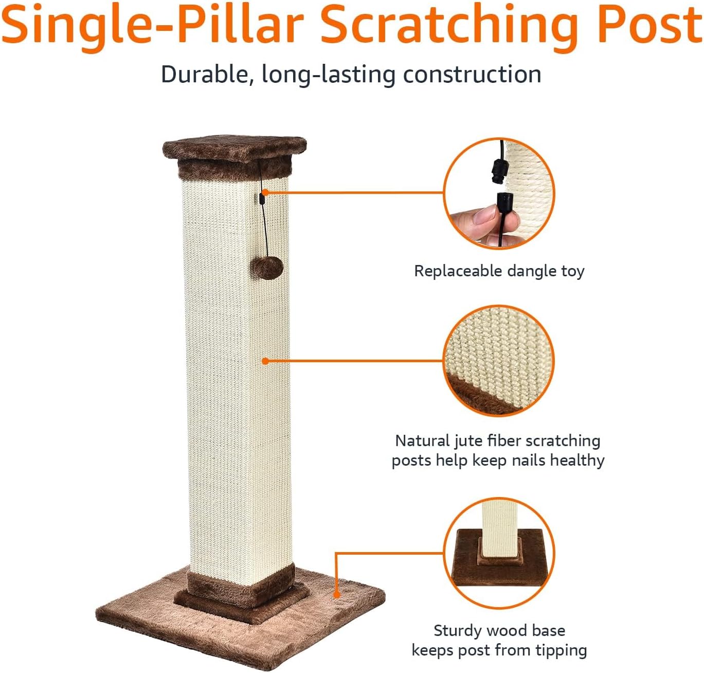 Amazon Basics Cat Scratcher - Indoor Classic Single Cat & Kittens Scratching Post with Sisal Rope, Jute Fiber, Large (35.4"H) - Brown