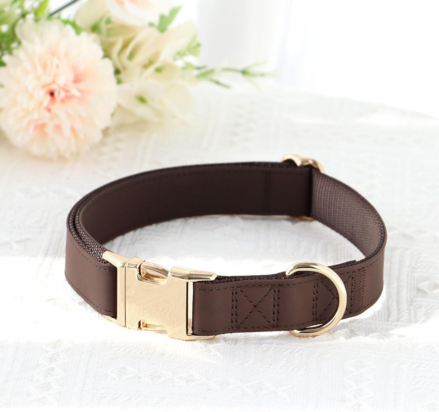 PET ARTIST PU Leather Dog Collar, Bright & Stylish Brown Dog Collar with Quick Release Gold Metal Buckle, Soft Nylon Padded Durable Pet Collars Adjustable for Small Dogs, Neck Fit 9-14"
