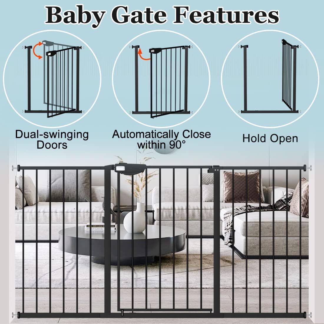 WAOWAO Triple Lock 68.11-75.98" Baby Gate Extra Wide Pressure Mounted Walk Through Swing Auto Close Safety Black Metal Dog Pet Puppy for Stairs,Doorways,Kitchen