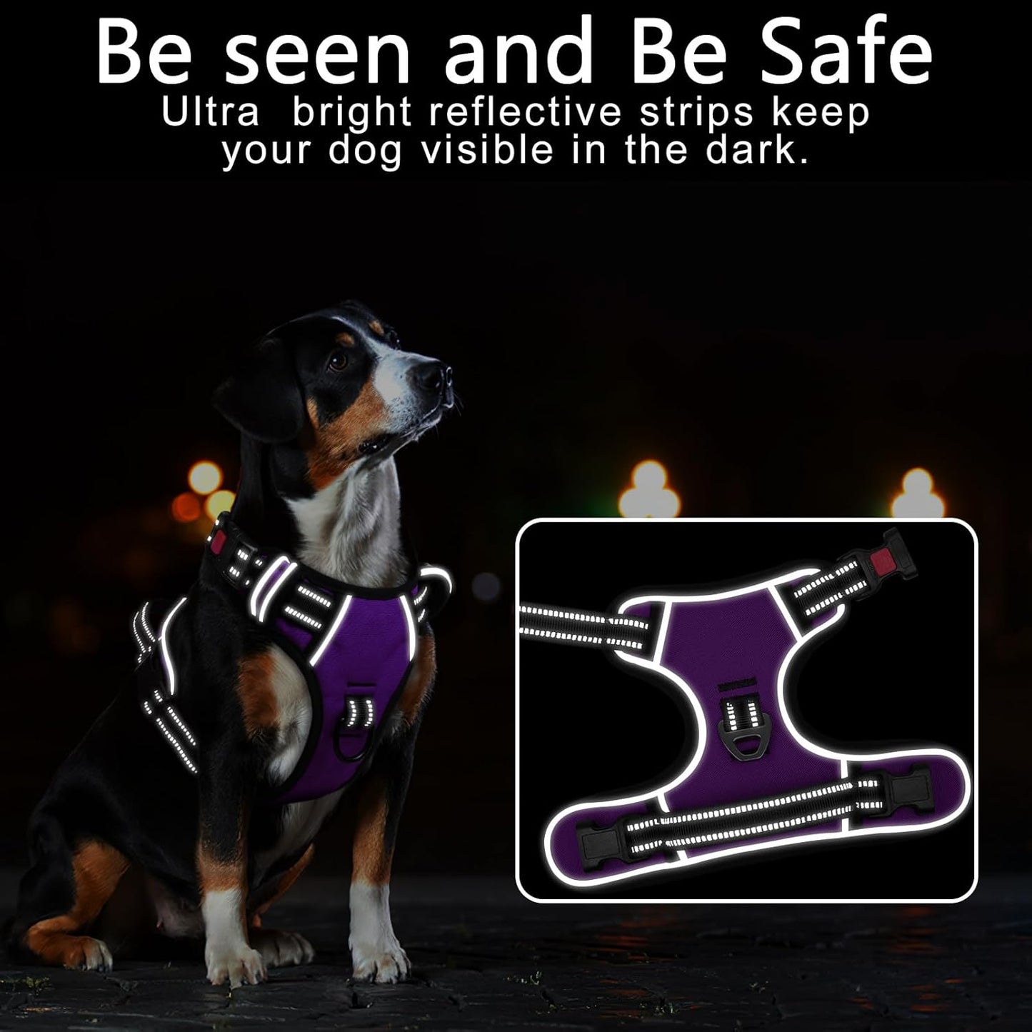 Timos Dog Harness Small Sized, No Pull with Neck Lockable Snap,No Choke Front Clip Dog Reflective Harness,Adjustable Metal Rings 3 Buckles,Easy Control Handle for Small Dogs Purple S