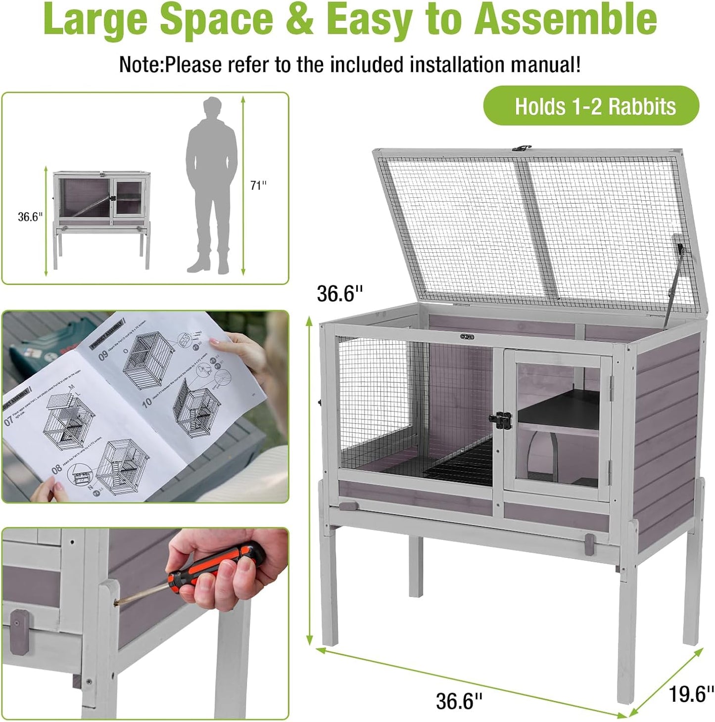 GUTINNEEN Rabbit Hutch Bunny House, 36.6" L Rabbit Cage with Anti Chewing Ramp, Guinea Pig Cage with Cooling Galvanized Sheet, Detachable Legs(Grey)