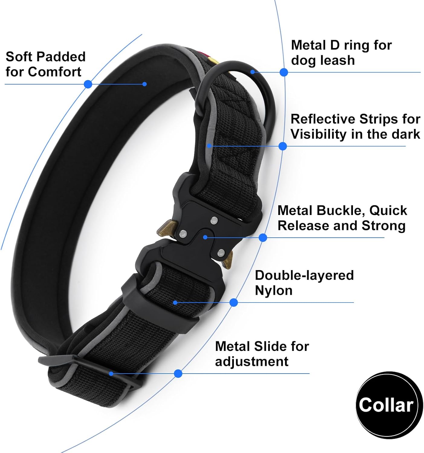 Plutus Pet Tactical Dog Collar, Reflective, Adjustable Heavy Duty Dog Collar, Soft Padded and Comfortable, for Small Medium and Large Dogs (Black, S)