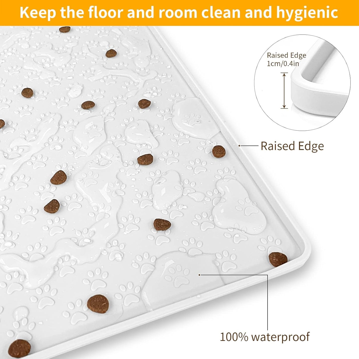 Ptlom Pet Placemat for Dog and Cat, Waterproof Silicone Pet Feeding Bowl Mats for Food and Water, Small Medium Large Dogs Mat Prevent Residues from Spilling to Floor, White, 18" 12"