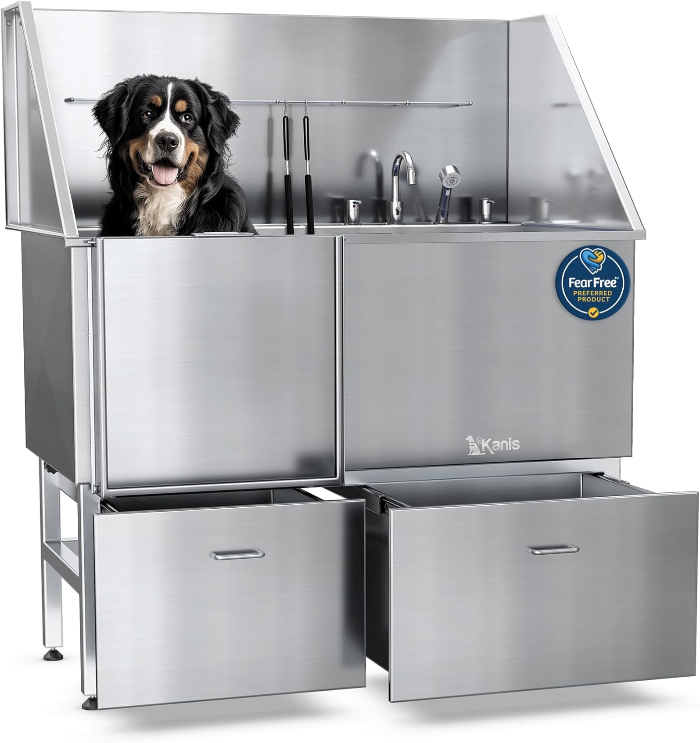 KANIS Professional Dog Washing Station - 304 Stainless Steel Pet Wash Sink & Grooming Bath Tub for Home with Ramp, Shower, Floor Grate, Storage Drawers, and Faucet for Large, Medium & Small Pets