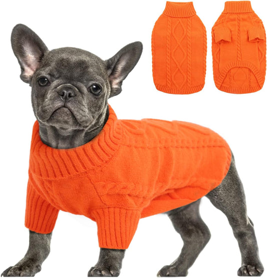 Queenmore Small Dog Pullover Sweater, Cold Weather Cable Knitwear, Classic Turtleneck Thick Warm Clothes for Chihuahua, Bulldog, Dachshund, Pug (Orange, Medium)